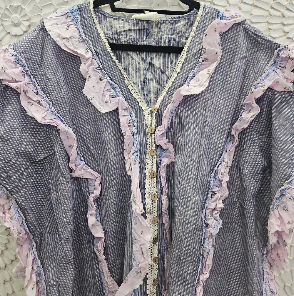 SOLD OUT! Boho Ruffled Button-Front in Mineral Washed Distressed Ruffle Tunic - Picture 3 of 7